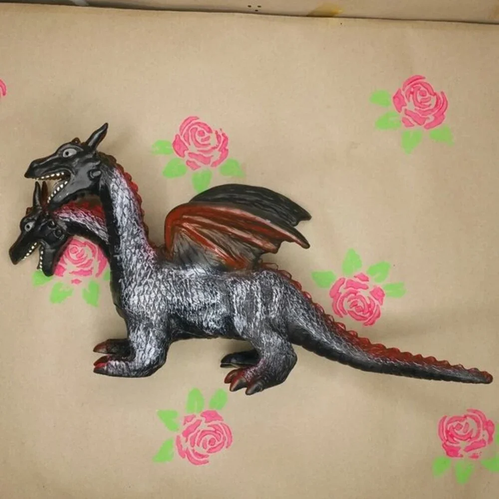 Red and Black Two-Headed Rubber Dragon Toy Figure